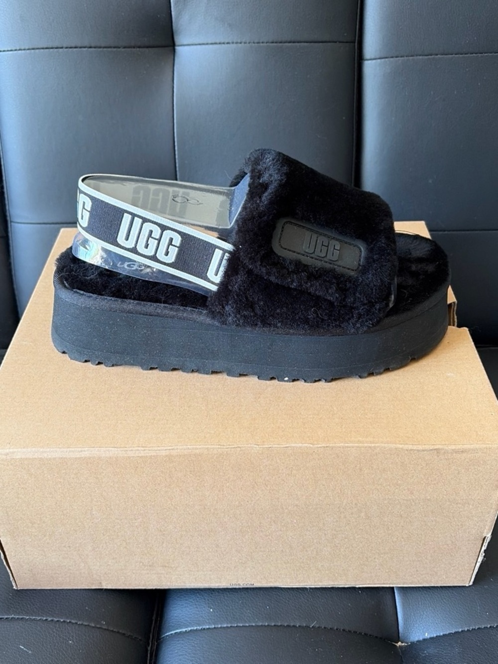 UGG Black Platform Fluff Slide Sandals with Branded Strap